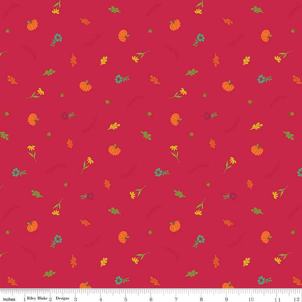 Image of the Autumn Afternoon Fall Toss Berry quilting cotton fabric by Heather Peterson for Riley Blake Designs. Features scattered flowers, pumpkins, and acorns on a dark pink red berry background. 
Cute Little Fabric Shop