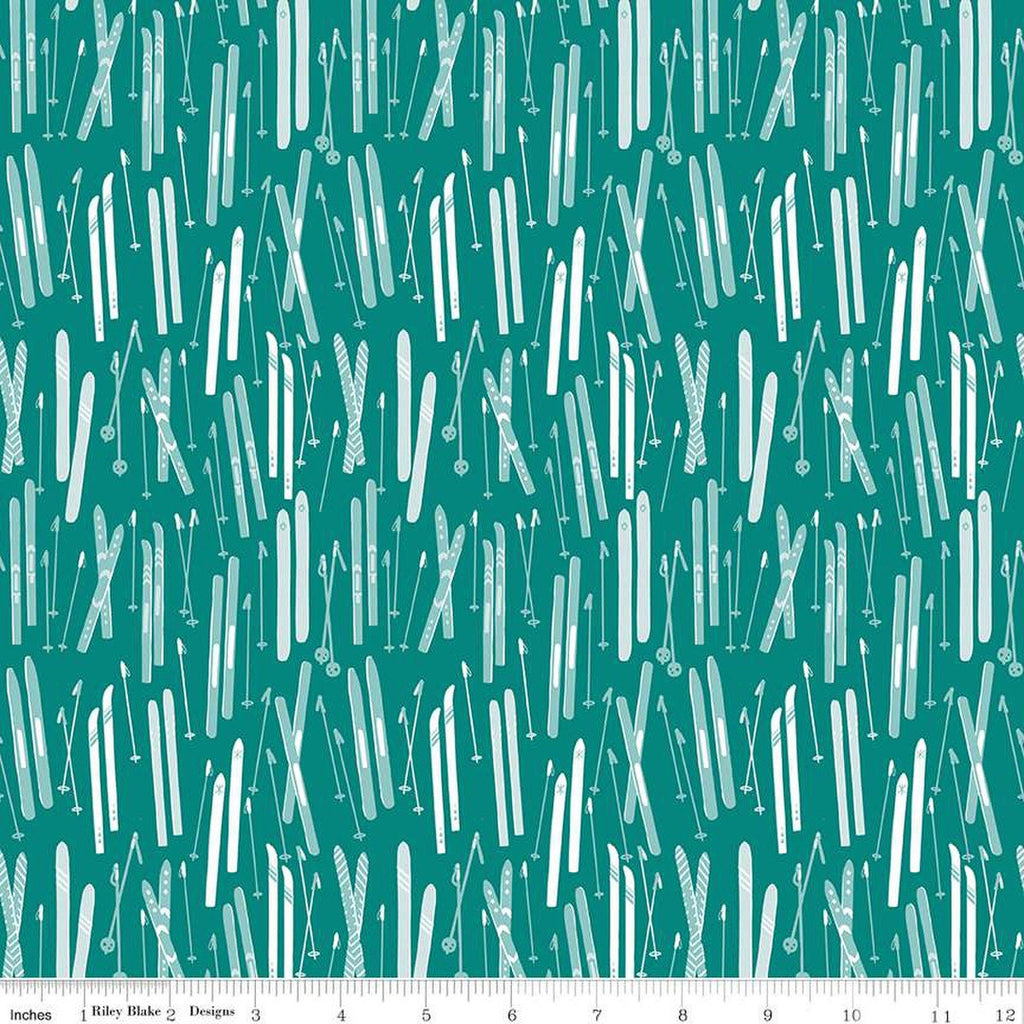 Image of the Ski Hill Skis Teal quilting cotton fabric by Corinne Wells for Riley Blake Designs. Features skis and ski poles scattered on a teal background.
Cute Little Fabric Shop