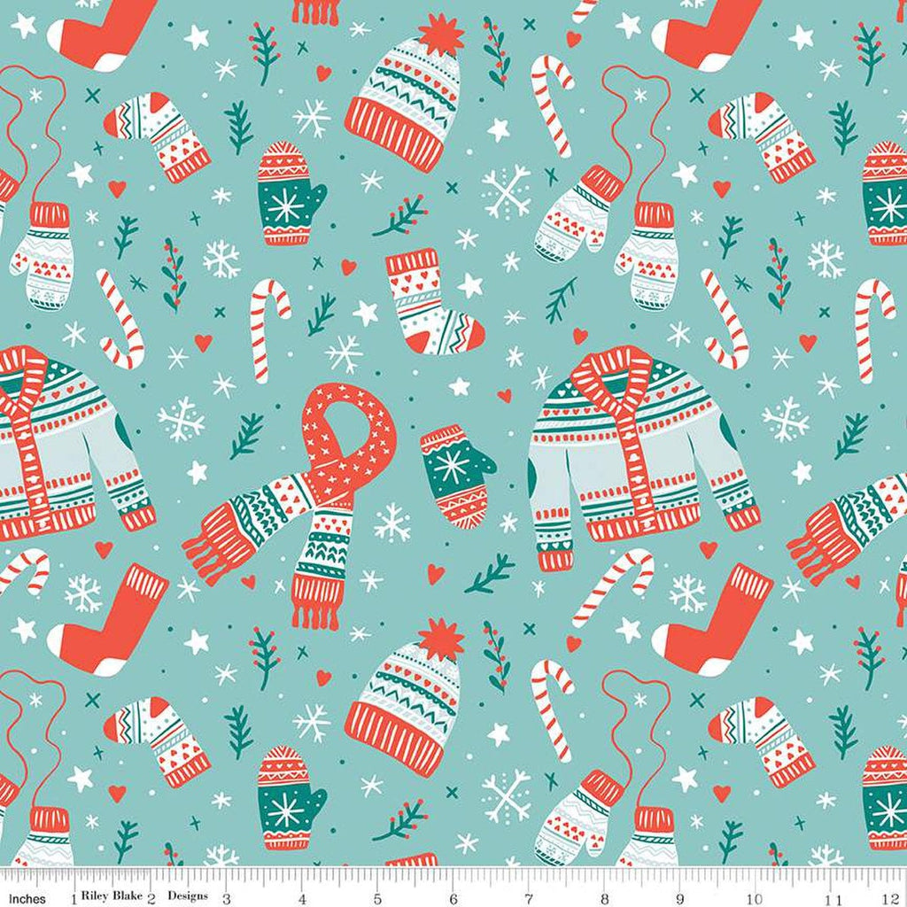 Image of the Ski Hill Main Aqua quilting cotton fabric by Corinne Wells for Riley Blake Designs. Features red and white winter clothing, candy canes, snowflakes, stars, and more on an aqua blue background.
Cute Little Fabric Shop