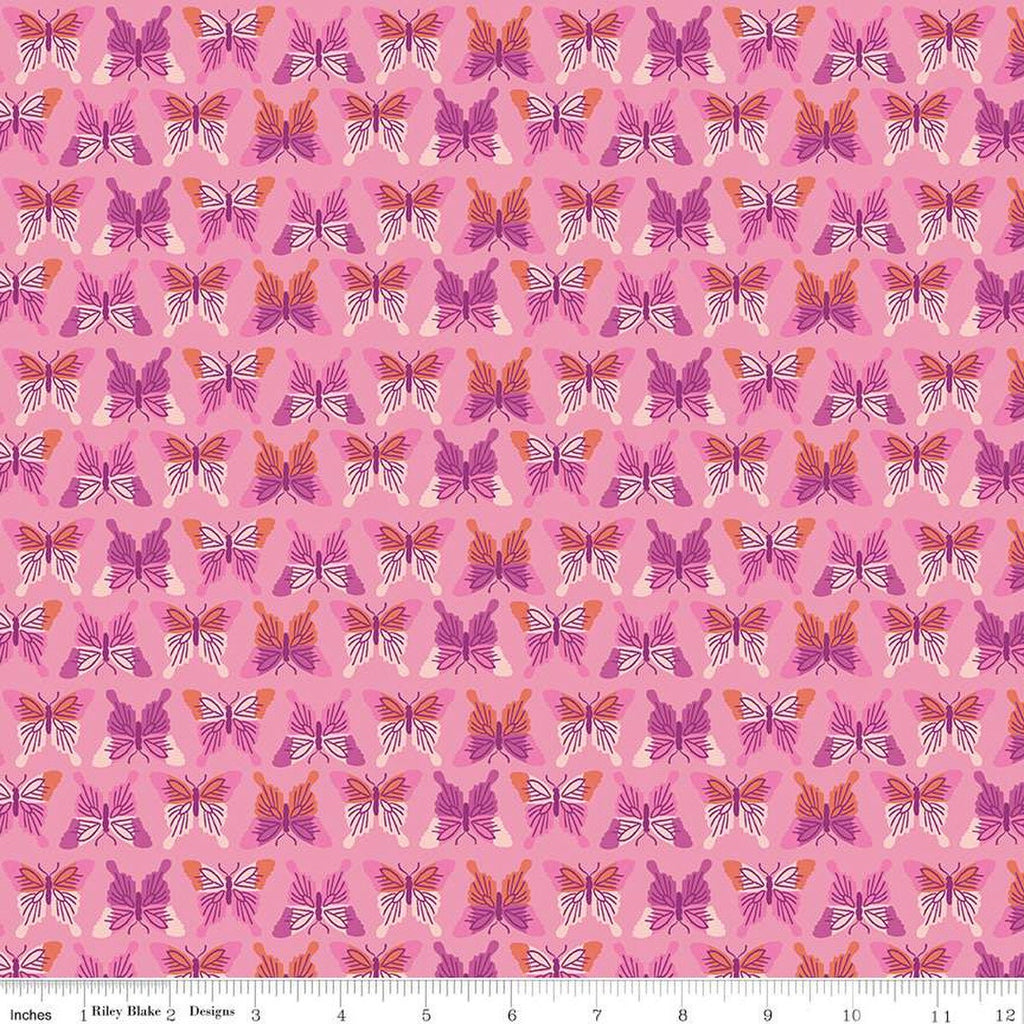 Image of the Chloe Butterflies Peony quilting cotton fabric by Rachel Erickson for Riley Blake Designs. Image features rows of pink, purple, and orange colored butterflies on a pink background.
Cute Little Fabric Shop