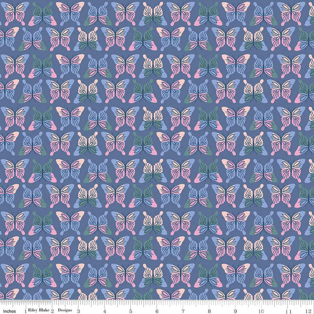 Image of the Chloe Butterflies Blueberry quilting cotton fabric by Rachel Erickson for Riley Blake Designs. Image features rows of pink, purple, green, and blue colored butterflies on a purple blue background.
Cute Little Fabric Shop