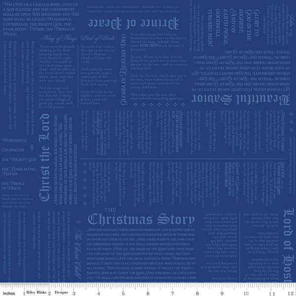 Image of the Christmas Wishes Christmas Story Blue quilting cotton fabric by Riley Blake Designs. Features  the story of the birth of Christ on a blue background. 
Cute Little Fabric Shop