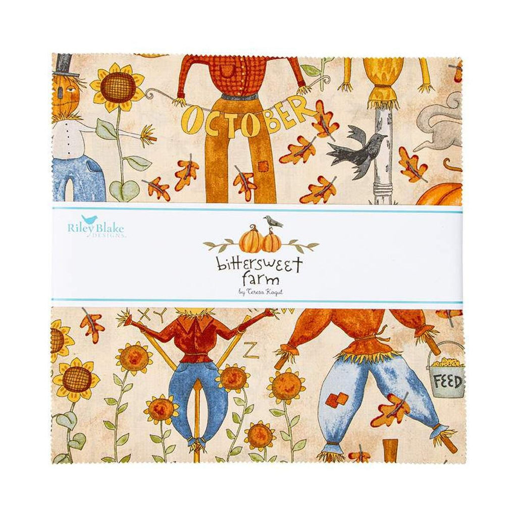 Image of the Bittersweet Farm 10" Stacker quilting cotton fabric by Riley Blake Designs. Features fall themed fabric with scarecrows, sunflowers, and more. 
Cute Little Fabric Shop
