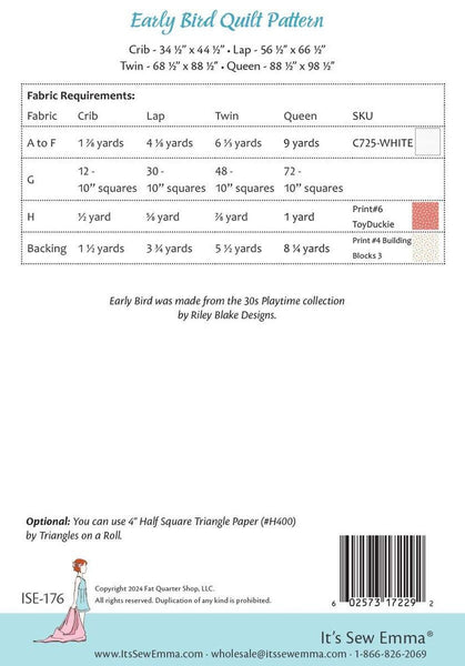 Image of the It's Sew Emma Early Bird Quilt Pattern fabric requirements by Riley Blake Designs. Features a chart with all the fabric requirements.
Cute Little Fabric Shop