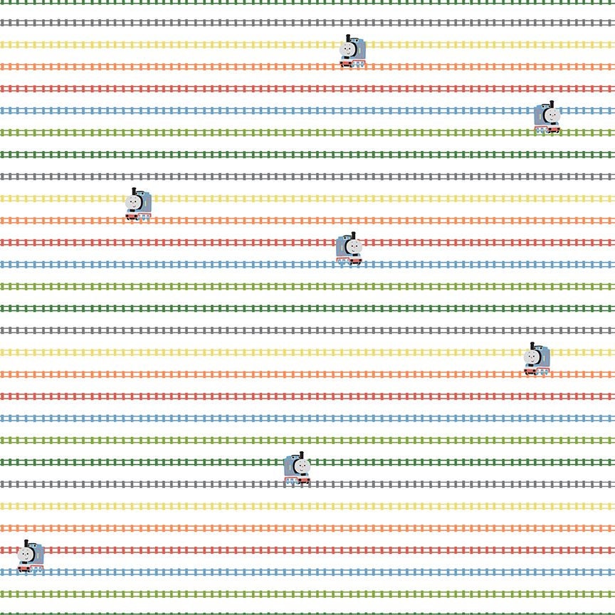 Image of the Thomas & Friends™ Sodor Railway On the Tracks White quilting cotton fabric by Riley Blake Designs. Features lines of tracks and trains on a white background. 
Cute Little Fabric Shop