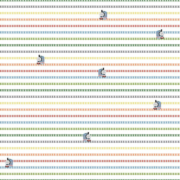 Image of the Thomas & Friends™ Sodor Railway On the Tracks White quilting cotton fabric by Riley Blake Designs. Features lines of tracks and trains on a white background. 
Cute Little Fabric Shop