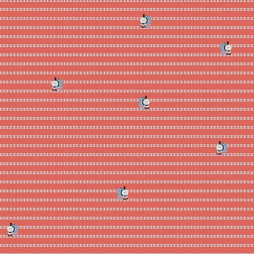 Image of the Thomas & Friends™ Sodor Railway On the Tracks Red quilting cotton fabric by Riley Blake Designs. Features lines of tracks and trains on a black background. 
Cute Little Fabric Shop