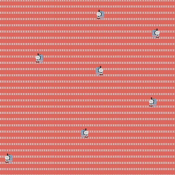 Image of the Thomas & Friends™ Sodor Railway On the Tracks Red quilting cotton fabric by Riley Blake Designs. Features lines of tracks and trains on a black background. 
Cute Little Fabric Shop