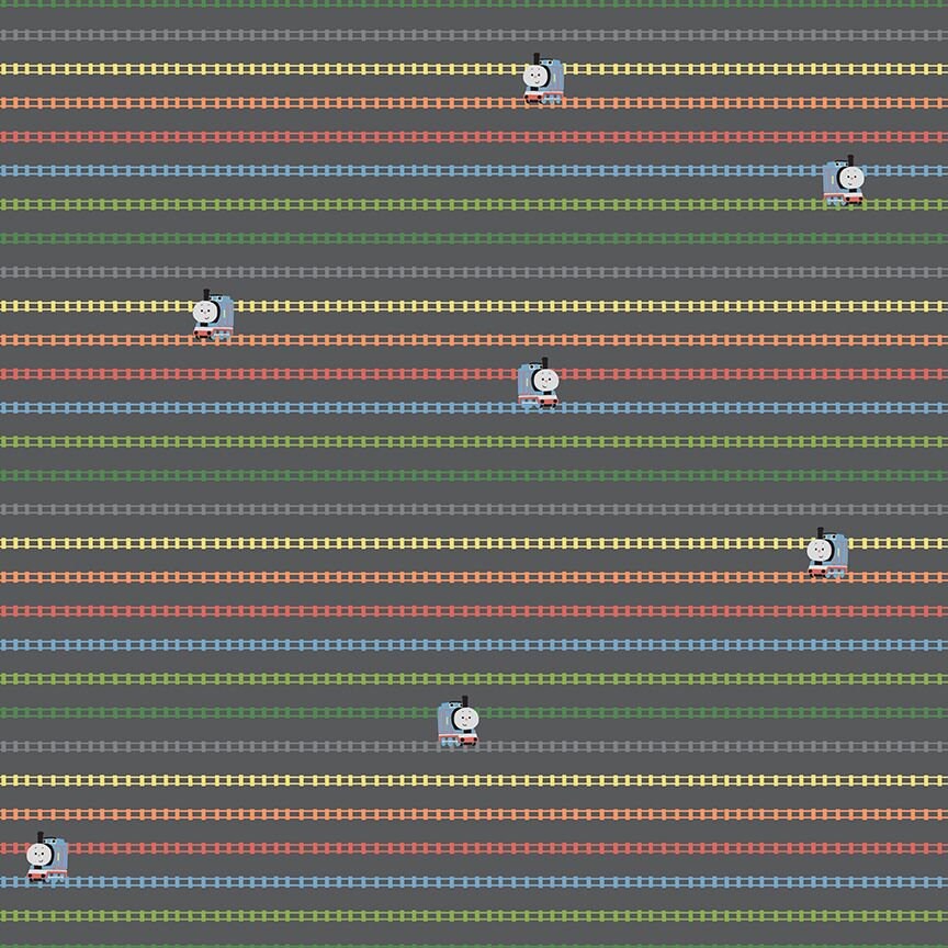 Image of the Thomas & Friends™ Sodor Railway On the Tracks Charcoal quilting cotton fabric by Riley Blake Designs. Features lines of tracks and trains on a grey background. 
Cute Little Fabric Shop