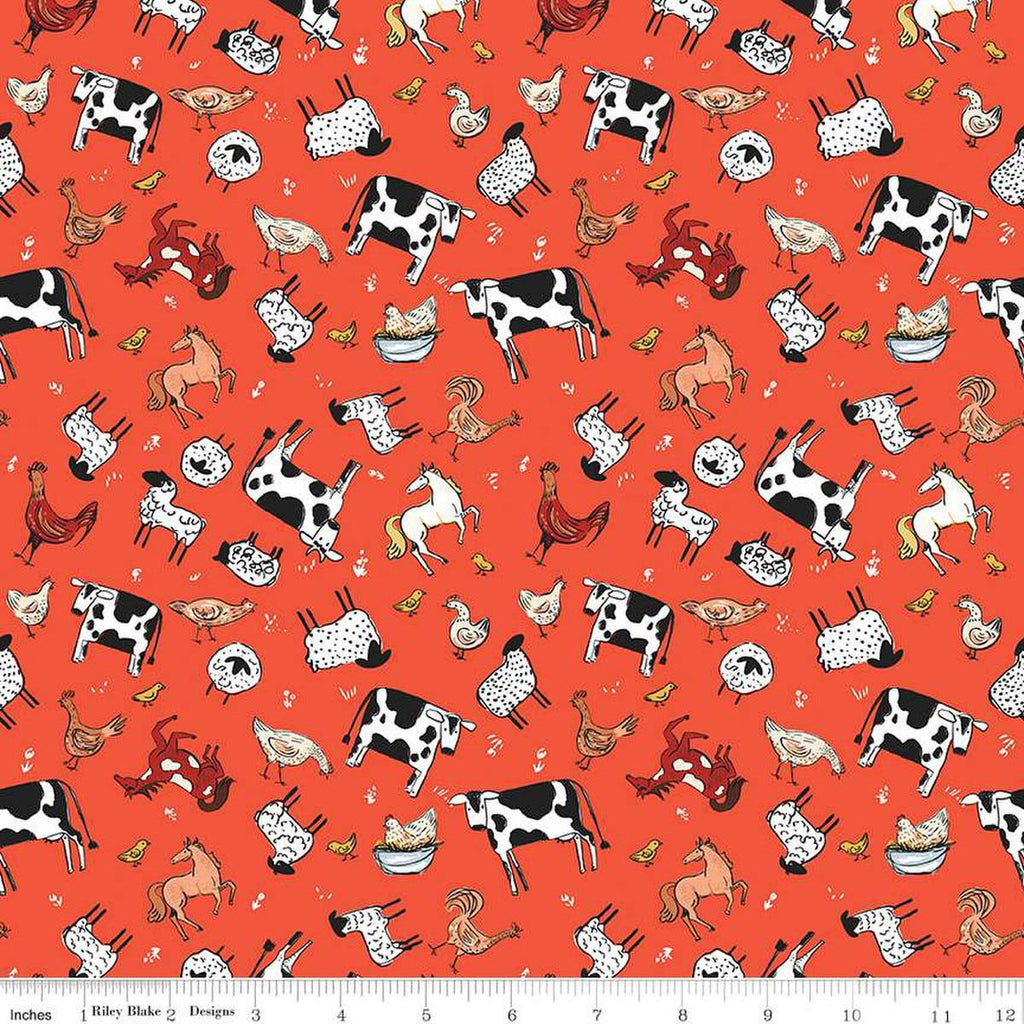 Image of the Farm Livin Animal Toss Red quilting cotton fabric by Riley Blake Designs. Features farm animals like chickens, horses, sheep, and ducks on a red background. 
Cute Little Fabric Shop