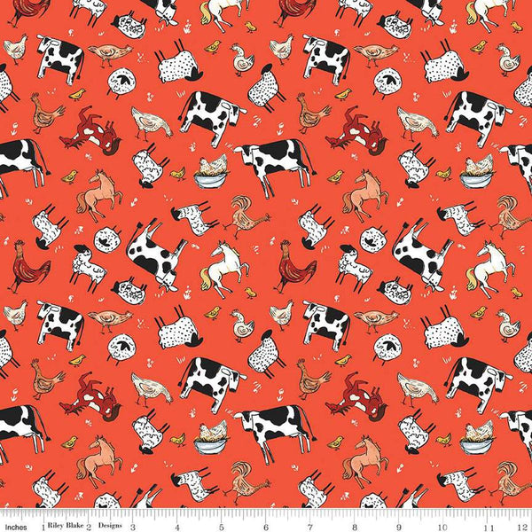 Image of the Farm Livin Animal Toss Red quilting cotton fabric by Riley Blake Designs. Features farm animals like chickens, horses, sheep, and ducks on a red background. 
Cute Little Fabric Shop