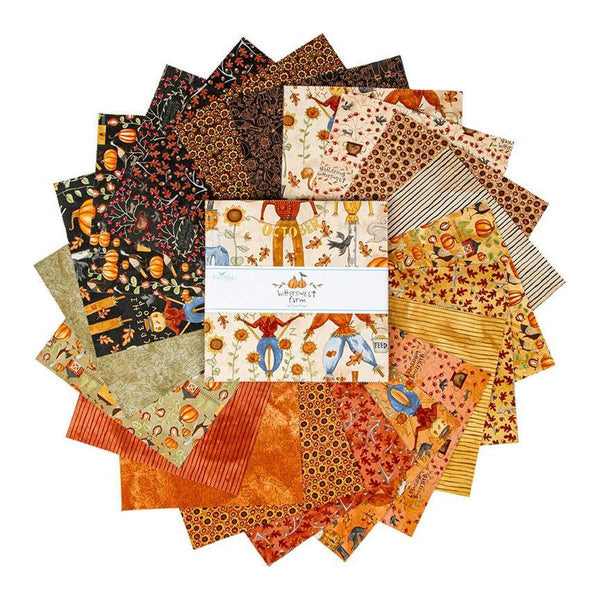 Image of the Bittersweet Farm 10" Stacker quilting cotton fabric by Riley Blake Designs. Features fall themed fabric with scarecrows, sunflowers, and more. 
Cute Little Fabric Shop