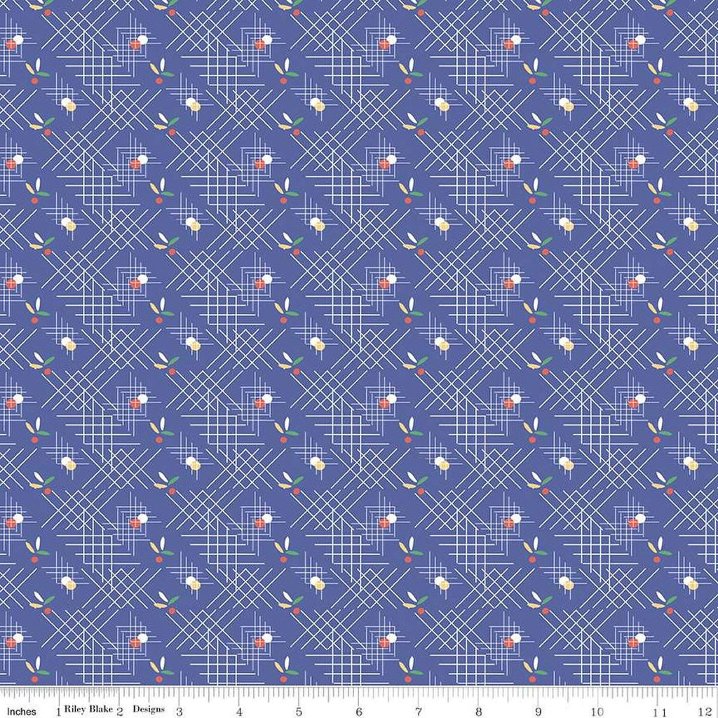 Image of the Always in Season Criss Cross Royal Blue quilting cotton fabric by American Jane for Riley Blake Designs. Features occasional dots and leaves with white criss-cross lines on a blue purple background. 
Cute Little Fabric Shop