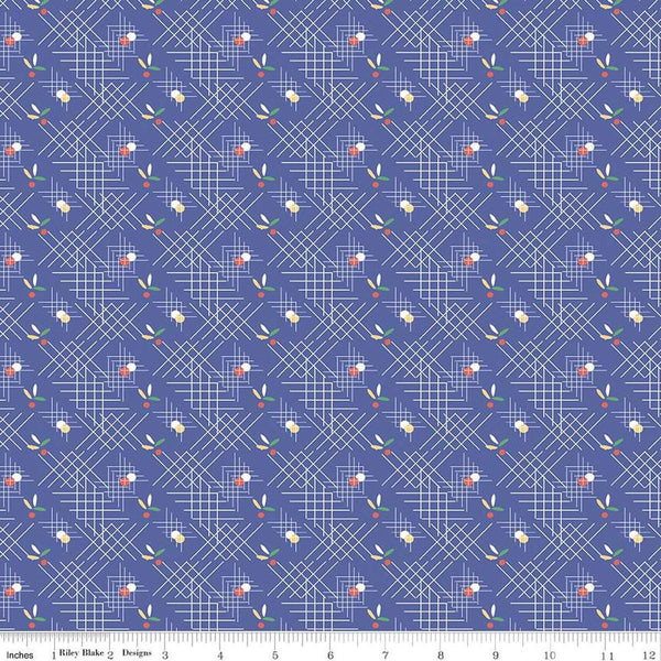 Image of the Always in Season Criss Cross Royal Blue quilting cotton fabric by American Jane for Riley Blake Designs. Features occasional dots and leaves with white criss-cross lines on a blue purple background. 
Cute Little Fabric Shop
