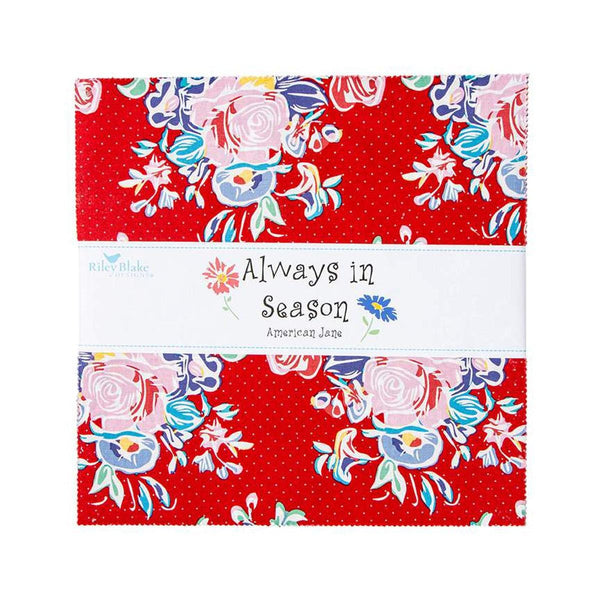 Image of the Always in Season 10" Stacker by American Jane for Riley Blake Designs. Features floral fabrics in many colors. 
Cute Little Fabric Shop