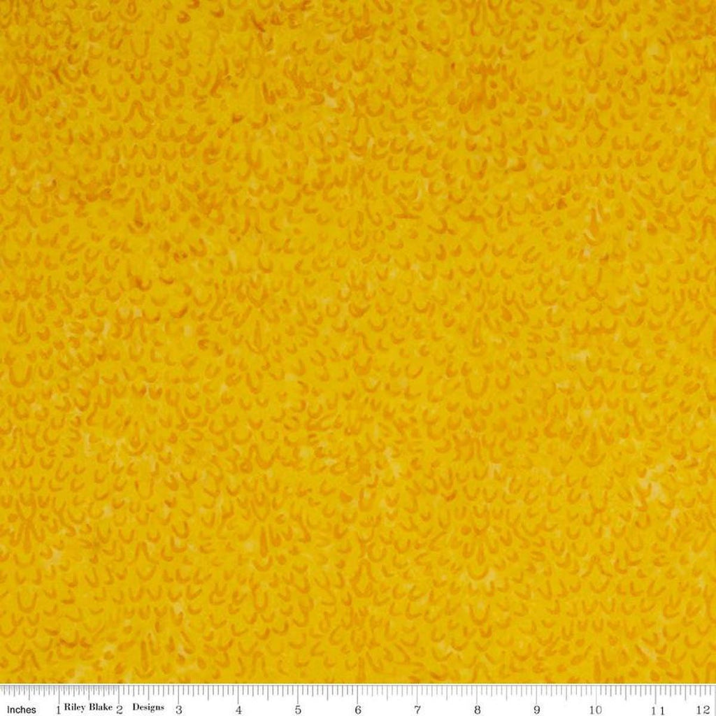 Image of the Expressions Batiks Elementals Dandelion fabric by Riley Blake Designs. Features a yellow fabric with arc patterns scattered across. 
Cute Little Fabric Shop