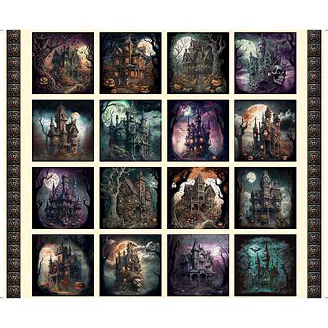 Image of the Creepsville Haunted House Picture Patches Cream fabric by Morris Creative Group for QT Fabrics. Features squares of spooky haunted house on a light cream background. 
Cute Little Fabric Shop