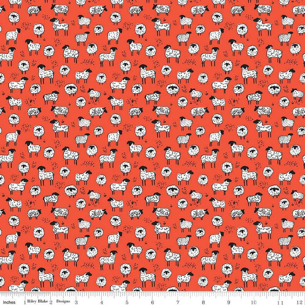 Image of the Farm Livin Sheep Red quilting cotton fabric by Riley Blake Designs. Features scattered sheep on a red background. 
Cute Little Fabric Shop