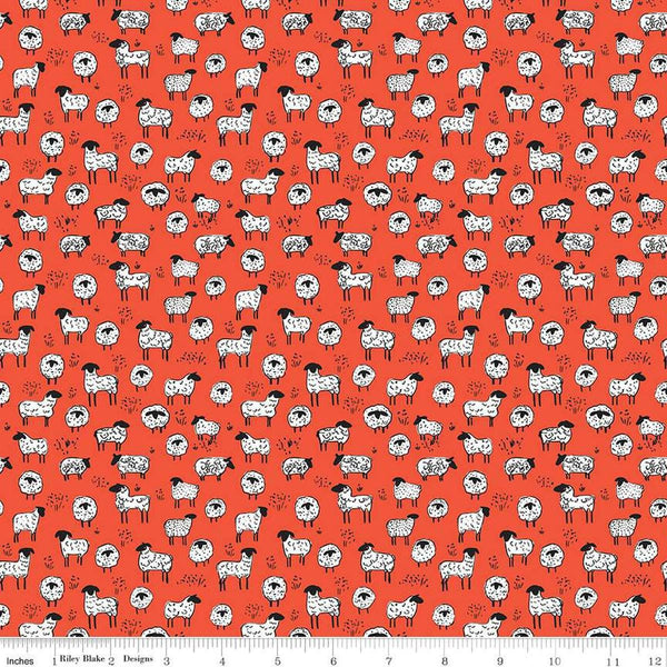 Image of the Farm Livin Sheep Red quilting cotton fabric by Riley Blake Designs. Features scattered sheep on a red background. 
Cute Little Fabric Shop