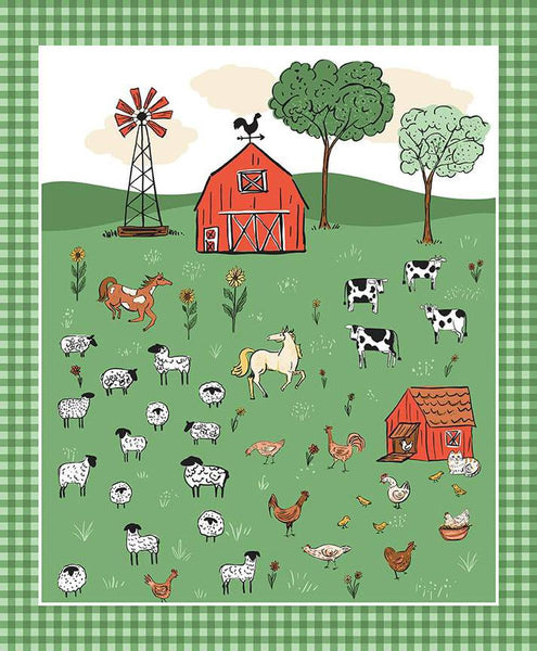 Image of the Farm Livin' quilting cotton panel by Riley Blake Designs. Features farm animals such as horses, cows, chickens, and sheep on a green background.
