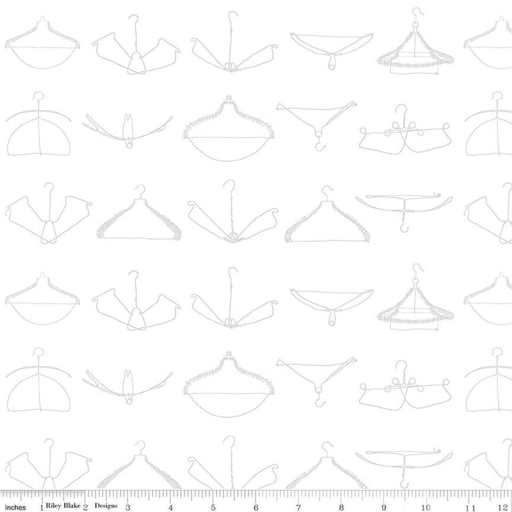 Image of the Press On Wire Hangers White quilting cotton fabric by J. Wecker Frisch for Riley Blake Designs. Features scattered wire clothes hangers on a white background. 
Cute Little Fabric Shop