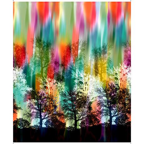 Image of the Tree Dance Watercolor Tree Border fabric by Morris Creative Group for QT Fabrics. Features trees and a colorful sky on a multicolored background. 
Cute Little Fabric Shop