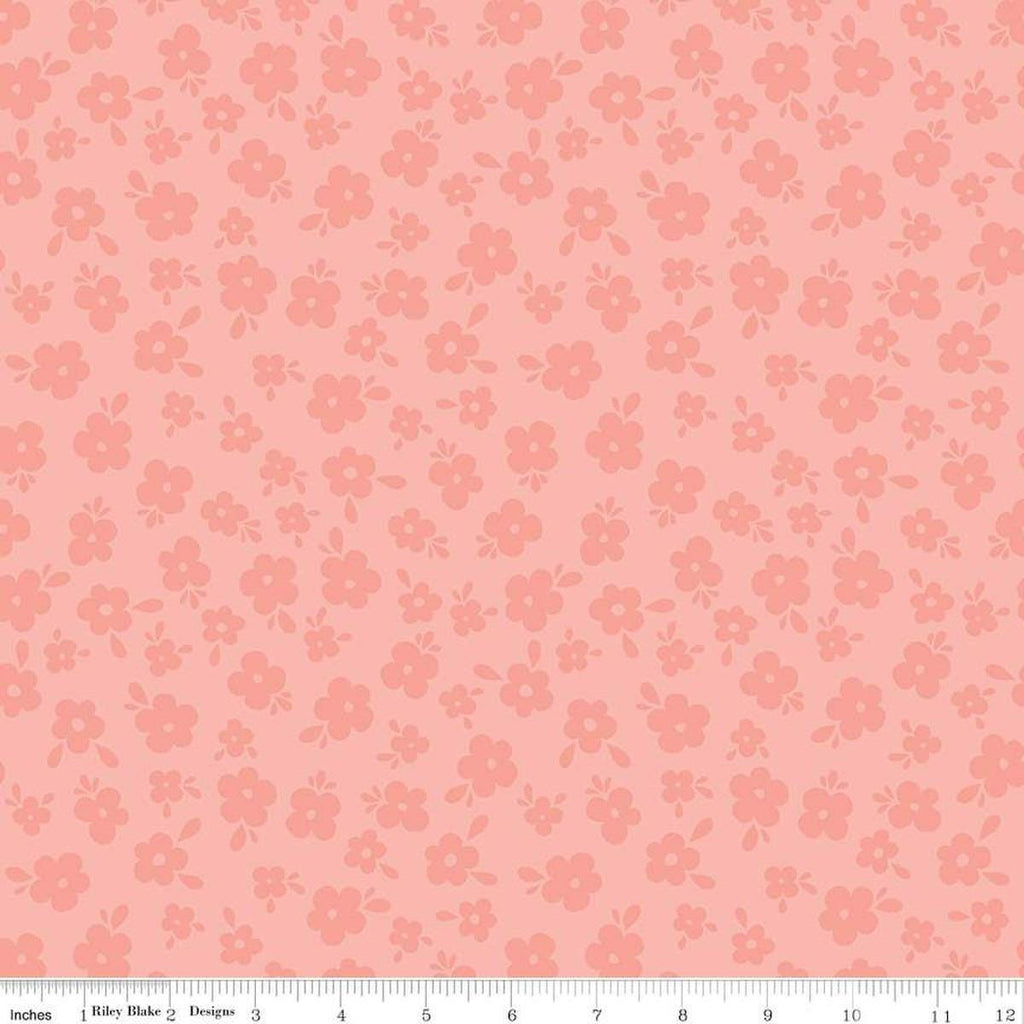 Image of the Stay Wild Tone-on-Tone Coral quilting cotton fabric by Amanda Niederhauser by Riley Blake Designs. Features tone-on-tone blossoms on a coral pink background. 
Cute Little Fabric Shop
