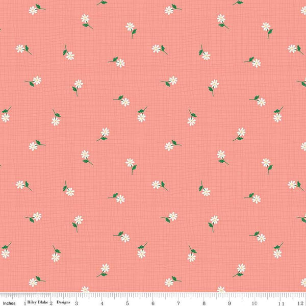 Image of the Stay Wild Grid Flowers Coral quilting cotton fabric by Amanda Niederhauser by Riley Blake Designs. Features scattered small flowers on a light pink background. 
Cute Little Fabric Shop