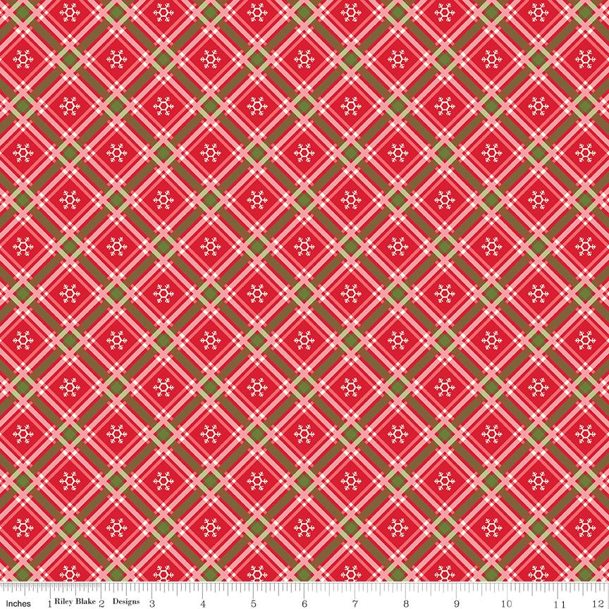 14" End of Bolt - Winter Wonder Plaid C12067 Red - Riley Blake Designs - Christmas Diagonal White Snowflakes - Quilting Cotton Fabric