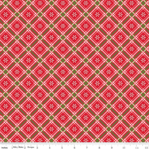 14" End of Bolt - Winter Wonder Plaid C12067 Red - Riley Blake Designs - Christmas Diagonal White Snowflakes - Quilting Cotton Fabric