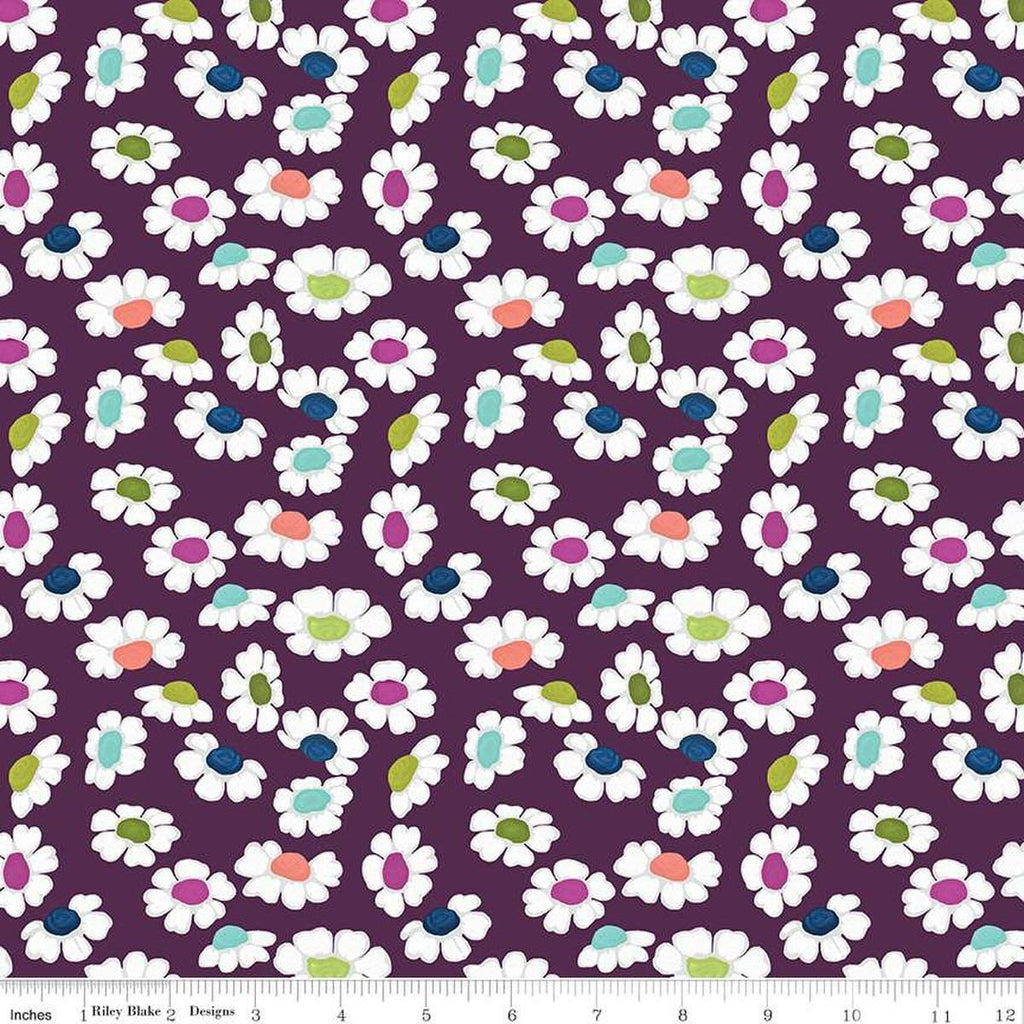 Image of the Fragrant Fields Dancing Daisies Eggplant quilting cotton fabric by Lila Tueller for Riley Blake Designs. Features daisies on a dark purple background. 
Cute Little Fabric Shop
