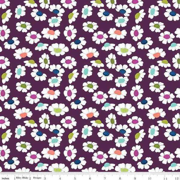 Image of the Fragrant Fields Dancing Daisies Eggplant quilting cotton fabric by Lila Tueller for Riley Blake Designs. Features daisies on a dark purple background. 
Cute Little Fabric Shop