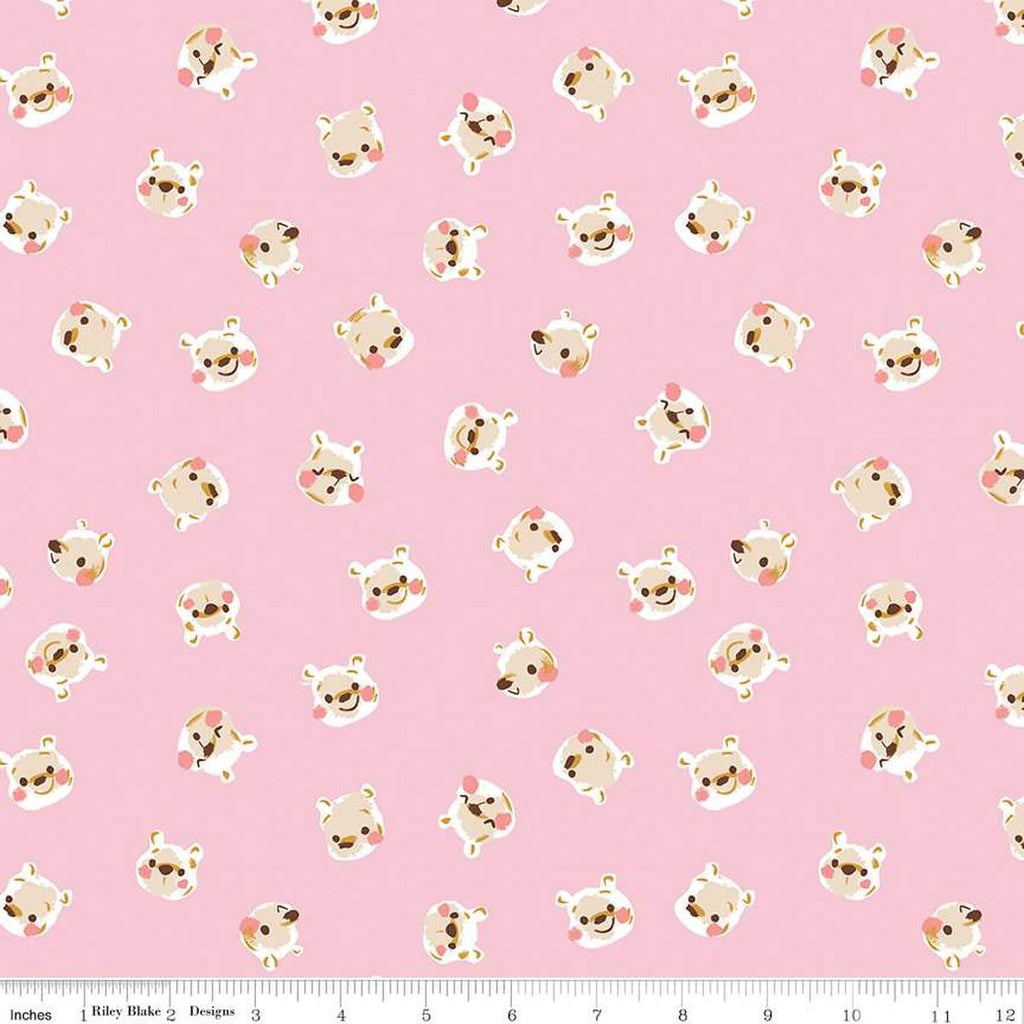 Image of the 100 Aker Woods Pooh Brain Pink quilting cotton fabric by Jill Howarth for Riley Blake Designs. Features tossed Winnie the Pooh heads on a pink background.
Cute Little Fabric Shop