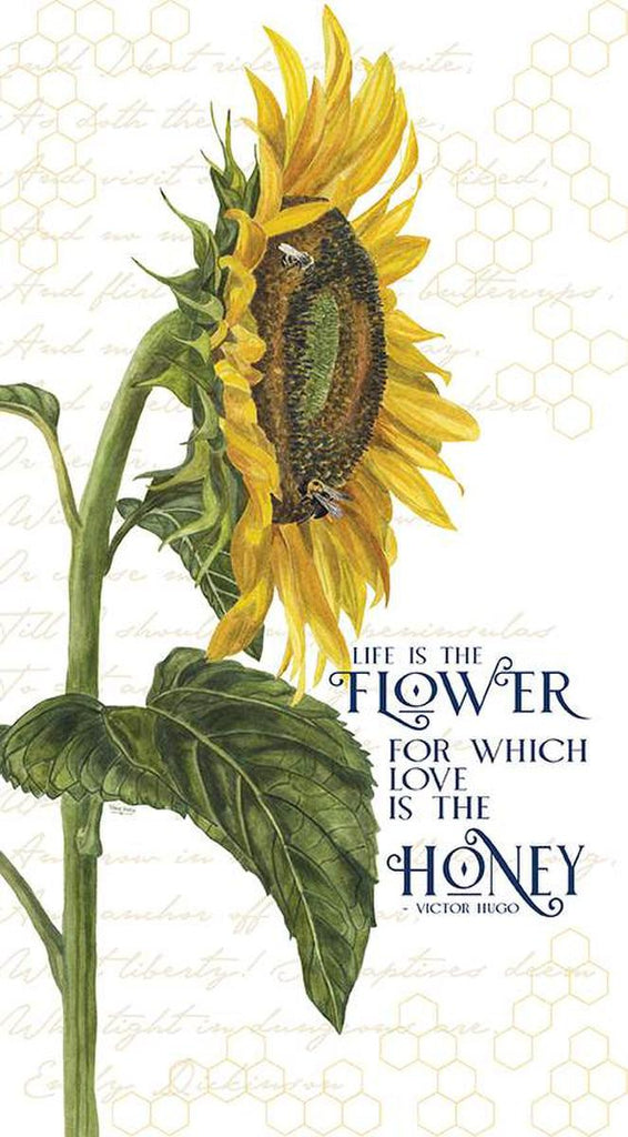 Honey Bees and Flowers Please Life Is the Flower quilting cotton panel by Tara Reed for Riley Blake Designs. Features a large flower and Victor Hugo quote saying "Life is the flower for which love is the honey." 
Cute Little Fabric Shop
