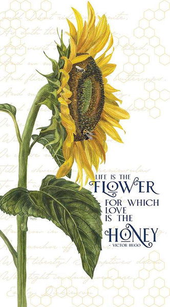 Honey Bees and Flowers Please Life Is the Flower quilting cotton panel by Tara Reed for Riley Blake Designs. Features a large flower and Victor Hugo quote saying "Life is the flower for which love is the honey." 
Cute Little Fabric Shop