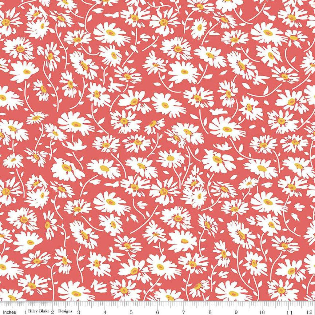 Image of the Always in Season Daisy Red quilting cotton fabric by American Jane for Riley Blake Designs. Features scattered daisies on a light red background. 
Cute Little Fabric Shop