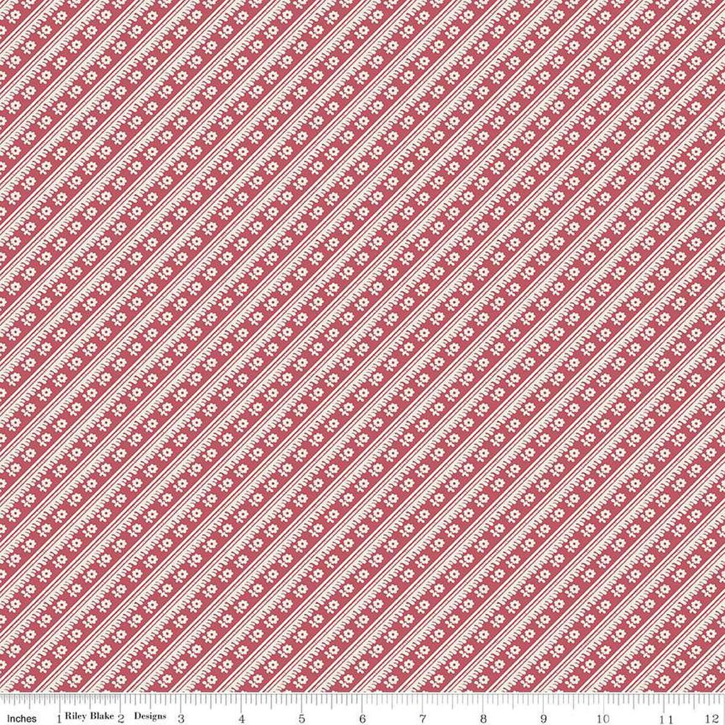 Image of the Mansfield Park Lady Bertram quilting cotton fabric by Riley Blake Designs. Features flowers on a striped red background. 
Cute Little Fabric Shop