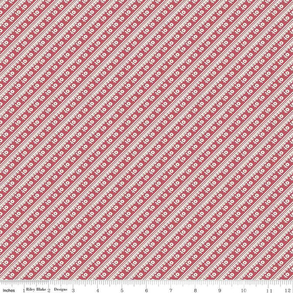 Image of the Mansfield Park Lady Bertram quilting cotton fabric by Riley Blake Designs. Features flowers on a striped red background. 
Cute Little Fabric Shop