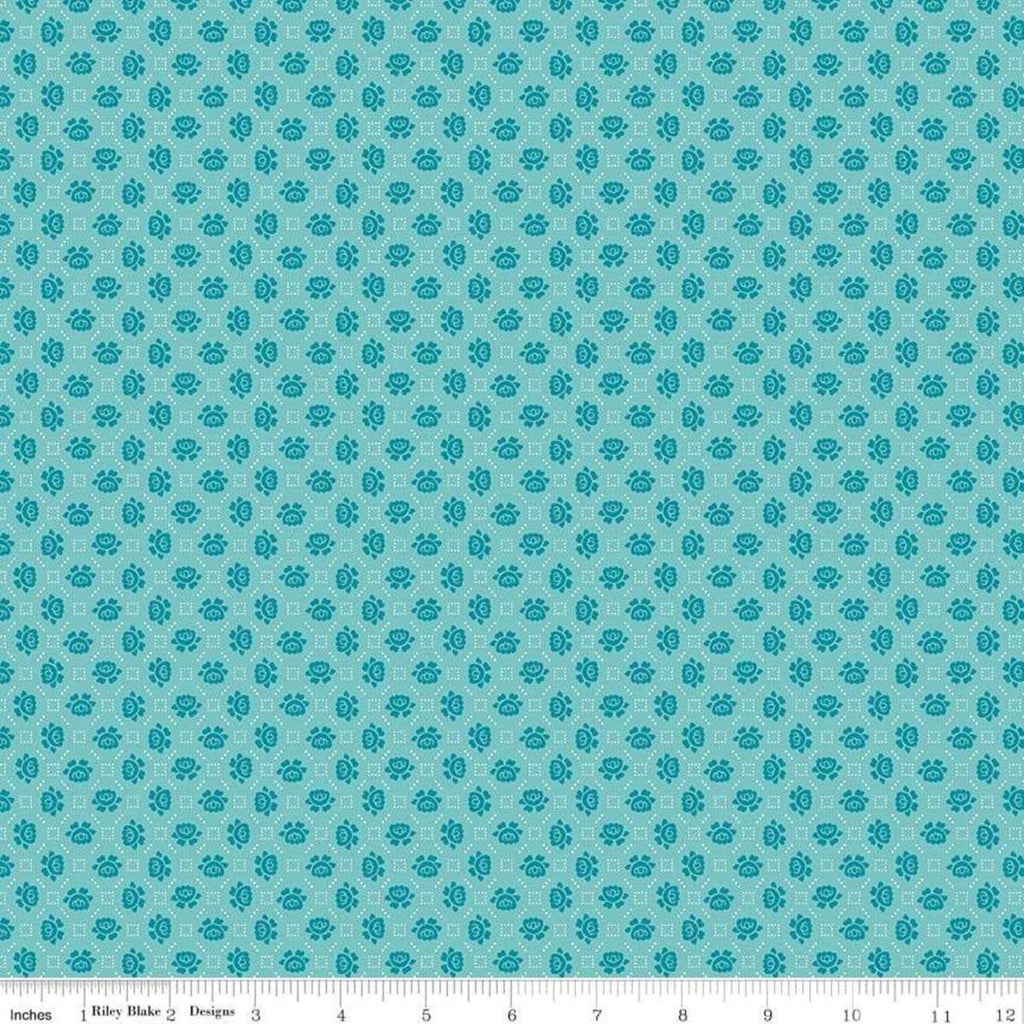 Image of the Granny Chic Needlepoint Blue quilting cotton fabric by Lori Holt for Riley Blake Designs. Features a small scale needlepoint flower pattern on a blue background. 
Cute Little Fabric Shop