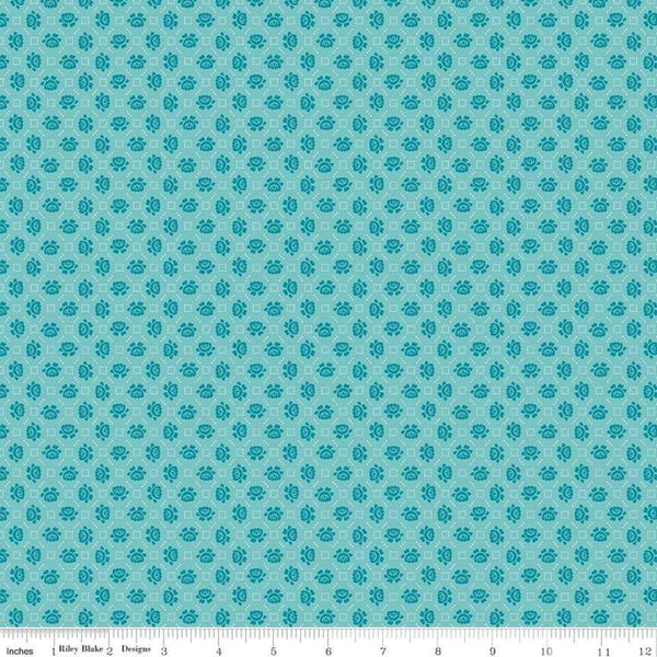 Image of the Granny Chic Needlepoint Blue quilting cotton fabric by Lori Holt for Riley Blake Designs. Features a small scale needlepoint flower pattern on a blue background. 
Cute Little Fabric Shop