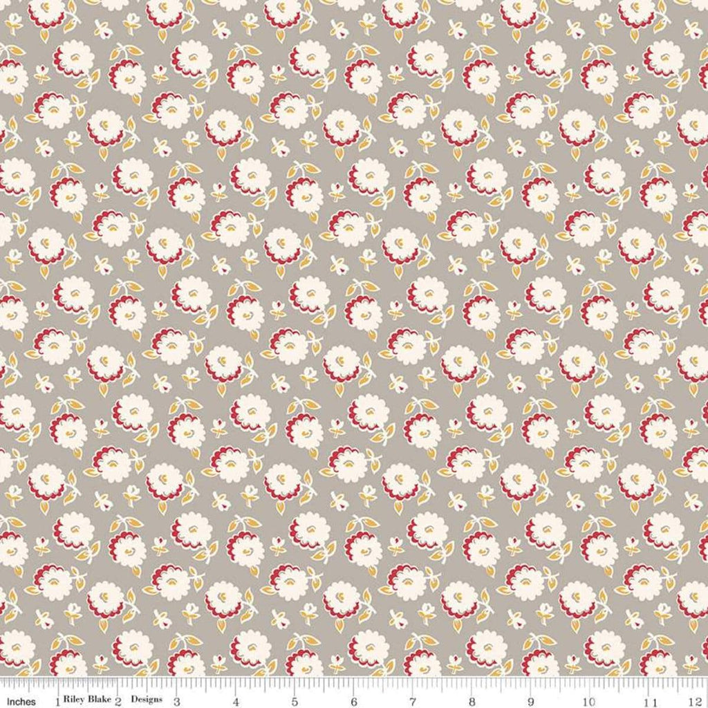 Image of the Cook Book Mums Pewter quilting cotton fabric by Lori Holt for Riley Blake Designs. Features scattered flowers on a tan background. 
Cute Little Fabric Shop