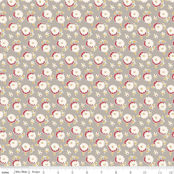 Image of the Cook Book Mums Pewter quilting cotton fabric by Lori Holt for Riley Blake Designs. Features scattered flowers on a tan background. 
Cute Little Fabric Shop