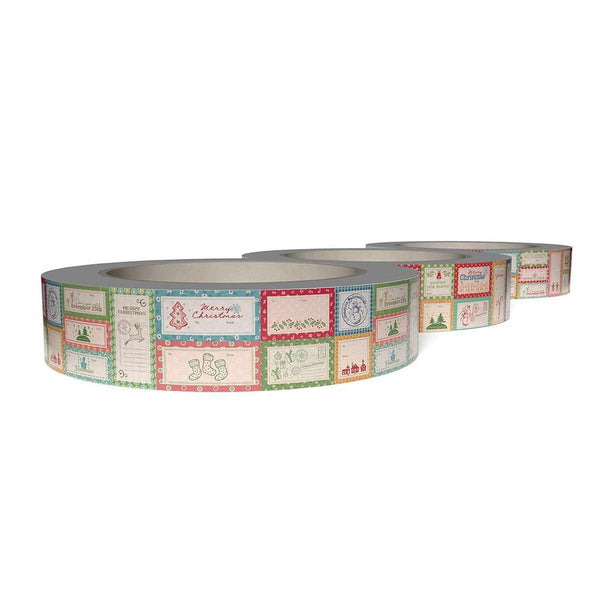 Image of the Lori Holt Home Town Holiday Gift Labels for Riley Blake Designs. Features three rolls of 4" wide washi tape that each contain 10 yards