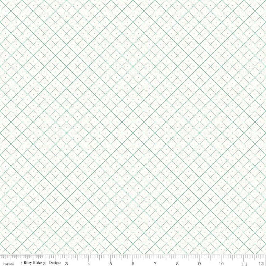 Image of the Bee Backgrounds Grid Teal quilting cotton fabric by Lori Holt for Riley Blake Designs. Features a diagonal grid with teal lines on a white background. 
Cute Little Fabric Shop