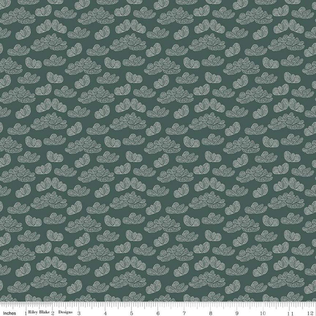 Image of the Garden Dreams Clouds Evergreen quilting cotton fabric by Amber Elliot for Riley Blake Designs. Features pixelated clouds on a dark green background. 
Cute Little Fabric Shop