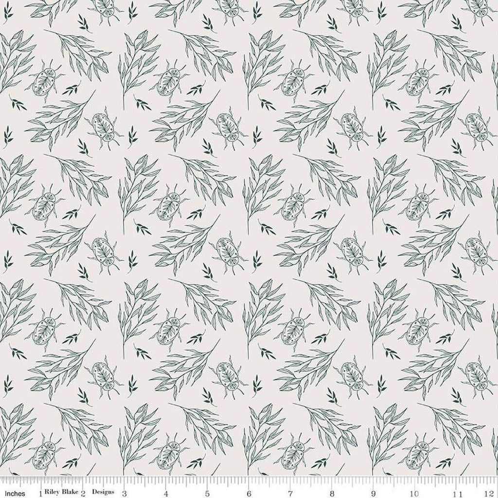 Image of the Garden Dreams Beetle Off White quilting cotton fabric by Amber Elliot for Riley Blake Designs. Features leaves and beetles on a light cream background. 
Cute Little Fabric Shop