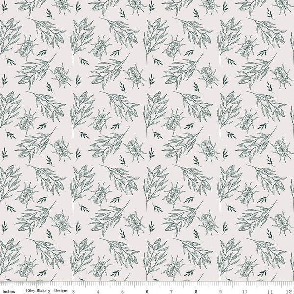 Image of the Garden Dreams Beetle Off White quilting cotton fabric by Amber Elliot for Riley Blake Designs. Features leaves and beetles on a light cream background. 
Cute Little Fabric Shop