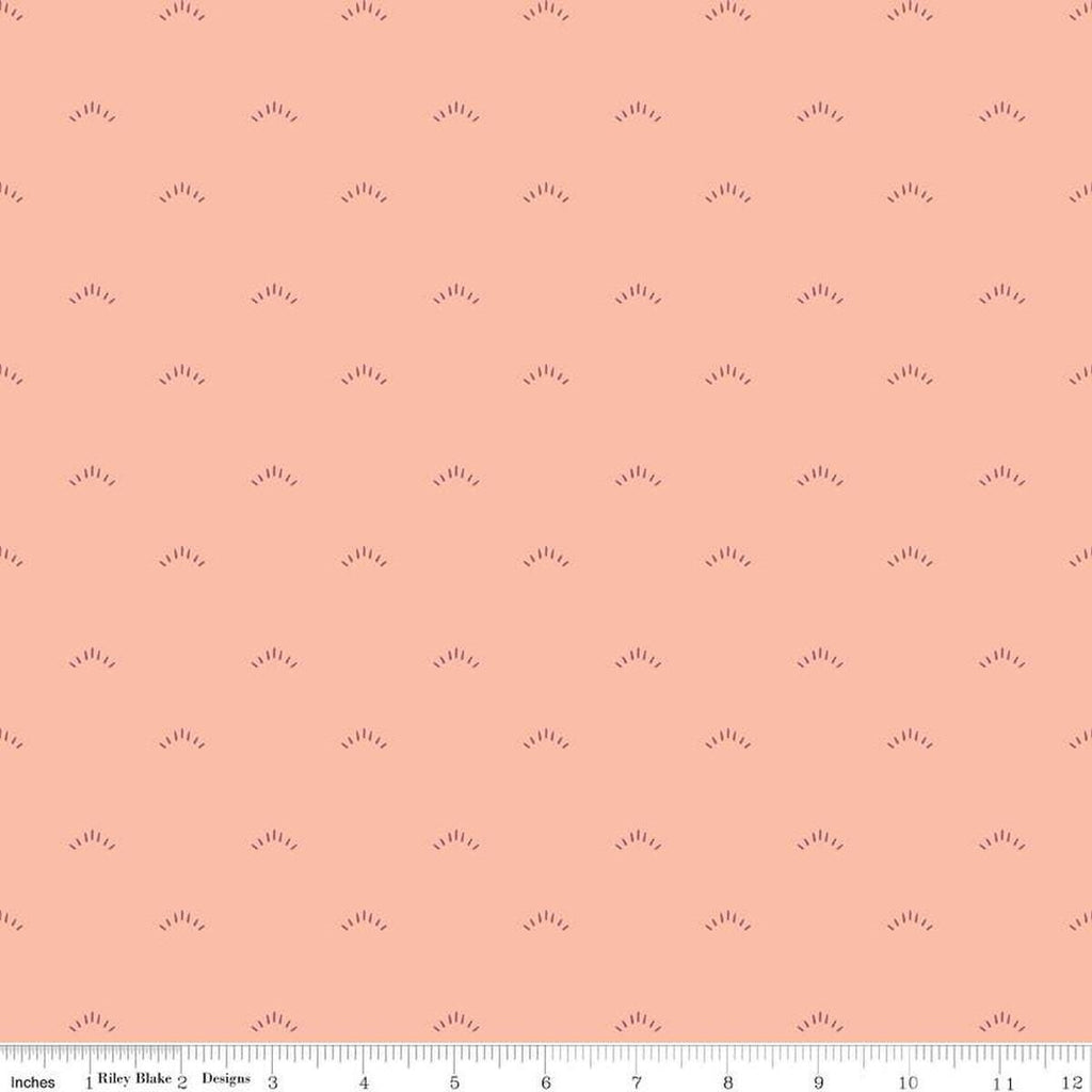 Image of the Garden Dreams Shimmer Peaches 'n Cream quilting cotton fabric by Amber Elliot for Riley Blake Designs. Features eyelash shapes scattered on a light pink coral background. 
Cute Little Fabric Shop