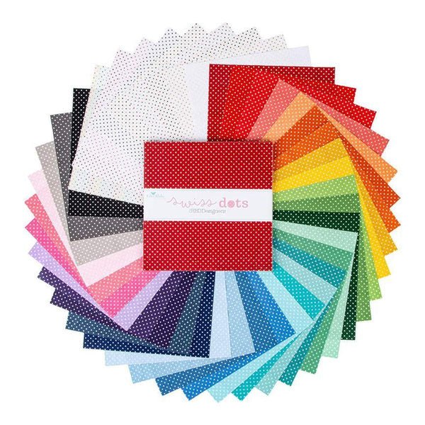 Image of the Swiss Dot 10" Stacker by Riley Blake Designs. Features dots on various backgrounds. 
Cute Little Fabric Shop
