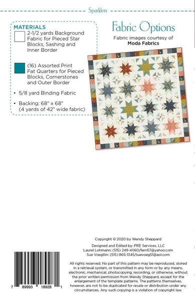 Image of the Sparklers quilt pattern by Wendy Sheppard for Riley Blake Designs. Features the fabric requirements. 
Cute Little Fabric Shop